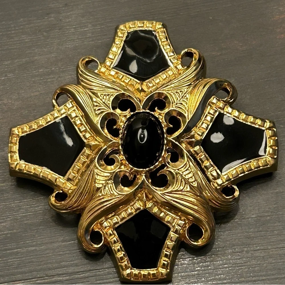Vintage St John Maltese Cross Brooch Pendant 80's Black Enamel and Gold Signed